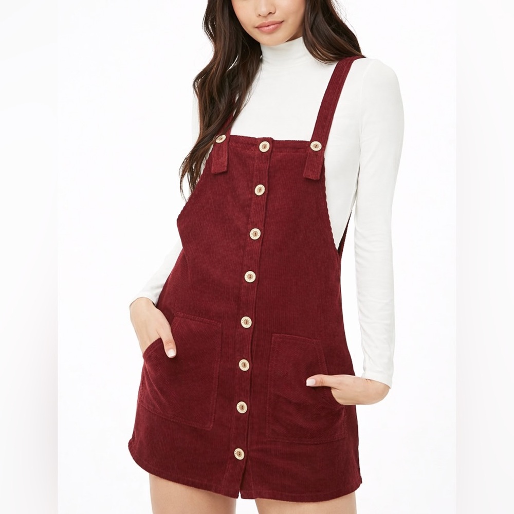 Forever 21 Burgundy Corduroy Overall Dress Pinafore Jumper Button Front Size‎ S